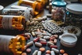 A table covered with a wide assortment of pills and bottles arranged neatly, A table filled with various types of opioids, AI Royalty Free Stock Photo