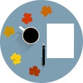 Table with a Cup of Coffee Empty Paper Pen and Maple Leaves Royalty Free Stock Photo