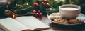 A table with a cup of coffee, holiday cookies, and a book for jotting down Christmas wishes. Festive Banner concept. Generative Ai