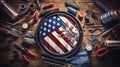 a table decorated with American flags, along with construction and manufacturing tools, AI-Generated Royalty Free Stock Photo