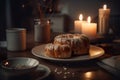 Table decorated with candles, plant and filled with sweets and desserts.