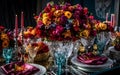 The table is decorated with a selection of vibrant and colorful flowers for wedding dinner, Generative AI