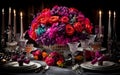 The table is decorated with a selection of vibrant and colorful flowers for wedding dinner, Generative AI