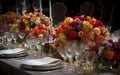 The table is decorated with a selection of vibrant and colorful flowers for wedding dinner, Generative AI