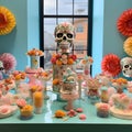 Table decorated with skull like deserts. Gemerative ai. Dia de los muertos,day of the dead table