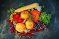 The table, decorated with vegetables and fruits. Harvest Festival,Happy Thanksgiving.