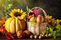 The table, decorated with vegetables and fruits. Harvest Festival. Happy Thanksgiving. Autumn background. Selective Royalty Free Stock Photo