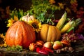 The table, decorated with vegetables and fruits. Harvest Festival. Happy Thanksgiving. Autumn background. Selective Royalty Free Stock Photo