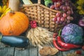 The table, decorated with vegetables and fruits. Harvest Festival,Happy Thanksgiving. Autumn background. Selective focus Royalty Free Stock Photo