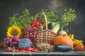 The table, decorated with vegetables and fruits. Harvest Festival,Happy Thanksgiving. Autumn background. Selective focus Royalty Free Stock Photo