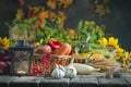 The table, decorated with vegetables and fruits. Harvest Festival,Happy Thanksgiving. Autumn background. Selective focus Royalty Free Stock Photo