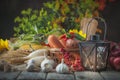 The table, decorated with vegetables and fruits. Harvest Festival,Happy Thanksgiving. Autumn background. Selective focus Royalty Free Stock Photo