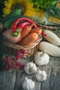 The table, decorated with vegetables and fruits. Harvest Festival,Happy Thanksgiving. Autumn background. Selective focus Royalty Free Stock Photo