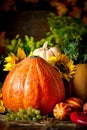 The table, decorated with vegetables and fruits. Harvest Festival. Happy Thanksgiving. Autumn background. Selective Royalty Free Stock Photo