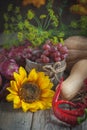 The table, decorated with vegetables and fruits. Harvest Festival,Happy Thanksgiving. Autumn background. Selective focus Royalty Free Stock Photo