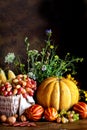 The table, decorated with vegetables and fruits. Harvest Festival. Happy Thanksgiving. Autumn background. Selective Royalty Free Stock Photo