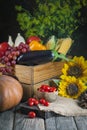 The table, decorated with vegetables, pumpkins and fruits. Harvest Festival,Happy Thanksgiving. Autumn background Royalty Free Stock Photo