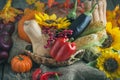 The table, decorated with vegetables, pumpkins and fruits. Harvest Festival,Happy Thanksgiving. Autumn background Royalty Free Stock Photo