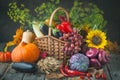 The table, decorated with vegetables, pumpkins and fruits. Harvest Festival, Happy Thanksgiving. Autumn background Royalty Free Stock Photo