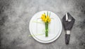 Table decoration cutlery, napkin, narcissus flowers Royalty Free Stock Photo