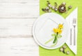 Table decoration Easter eggs flowers Flat lay Royalty Free Stock Photo