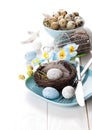 Table decoration with easter eggs nest on plate Royalty Free Stock Photo