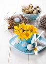 Table decoration with easter eggs nest on plate Royalty Free Stock Photo