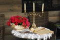 Table decoration with flowers and a candle holder, table decor for a candlelit dinner Royalty Free Stock Photo