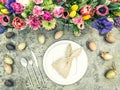 Table decoration spring flowers Easter eggs Vintage style Royalty Free Stock Photo