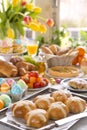 Table with delicatessen ready for Easter brunch Royalty Free Stock Photo