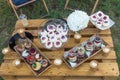 Table with desserts. fruit, bean, coffee, berries