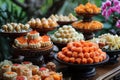 A table displays a diverse array of farm-fresh vegetables, traditional Vesak dishes, and sweets at a market