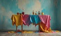 table draped in vibrant tablecloth, adorned with bottles and vase, sits against textured blue wall, with Royalty Free Stock Photo