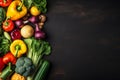 vegetarian ingredient food fresh dark raw cooking healthy table background vegetable. Generative AI.