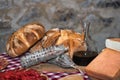 Table on the farm with salami bread wine and local cheeses Royalty Free Stock Photo