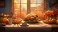 A table with a feast of turkey, pumpkins, flowers, fruits vegetables, in the back a window with a view of autumn. Turkey as the Royalty Free Stock Photo