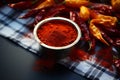 Table with fiery touch, chili powder and red peppers showcased