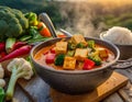 Table filled with assorted food and vegetables in bowls, AI-generated. Royalty Free Stock Photo