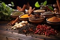 A table filled with bowls containing a variety of spices, including paprika, cumin, turmeric, pepper, cinnamon, and more, Variety