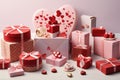 A table filled with boxes and heart-shaped decorations providing a festive and charming display, Festive assortment of