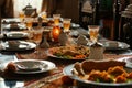 A table filled with a diverse assortment of delectable dishes and plates, Dinner table set for breaking the fast during Ramadan, Royalty Free Stock Photo