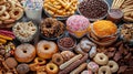 A table filled with many different types of donuts, doughnuts and other sweets, AI Royalty Free Stock Photo
