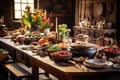 A table filled with a tempting variety of scrumptious dishes, perfect for a feast., A rustic farmhouse kitchen table loaded with a