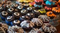 A table is filled with treats such as mummywrapped oreos monster eye cupcakes and spider web cookies Royalty Free Stock Photo