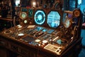 Table Filled With Various Electronic Equipment, An intricate time machine console with numerous levers, buttons, and glowing Royalty Free Stock Photo
