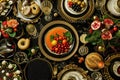 A table filled with a wide variety of food platters, showcasing a sumptuous feast, Vivid portrayal of an opulent meal featuring Royalty Free Stock Photo