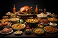 The table is filled with a wonderful variety of different types of food, perfect for a gathering or feast, A Thanksgiving feast