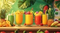 A table with five different fruit smoothies and a bunch of bananas Royalty Free Stock Photo