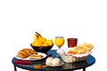 Table with food as breakfast on white Royalty Free Stock Photo