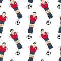 Table football sketch. Seamless pattern with hand-drawn cartoon icons - old-fashined foosball player and ball. Vector